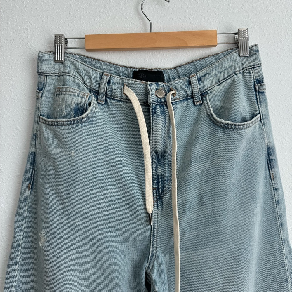 ZARA Wide Leg Flare Jeans Light Wash High Rise US 4 High Waist Crop Denim Pants - Picture 4 of 12
